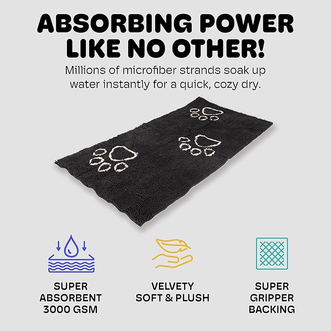 Dog Gone Smart Dirty Dog Doormat - Fast Drying Rug with Super Gripper Backing for Clean Floors - Super Absorbent and Machine Washable Mat for Muddy Paws - Black Hue