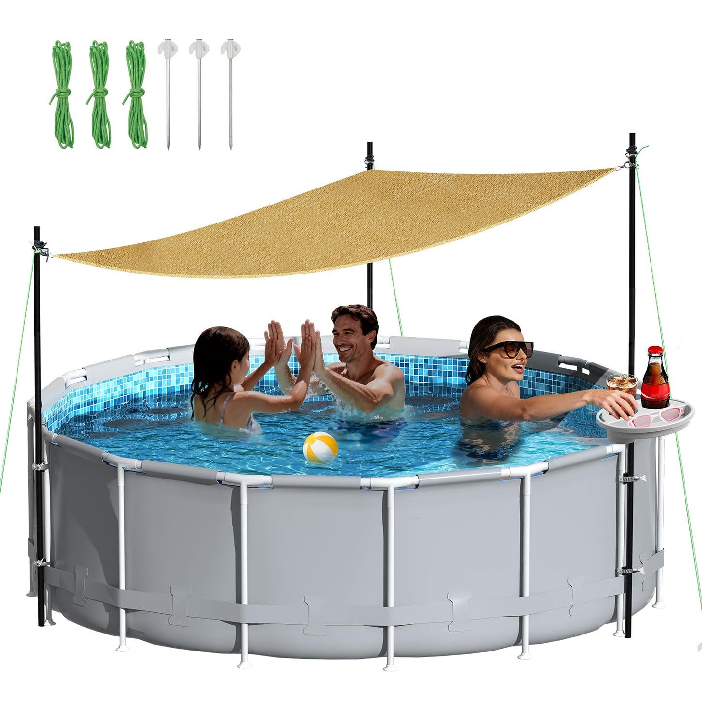 Vidoya Above Ground Pool Canopy Sunshade Set with Storage Tray - Pool Shade Sail Triangular 13'x13'x13' for 15-22 FT Pools, UV-Resistant Shade Cloth, Swimming Pool Awning Cover for Deck, Patio, Garden