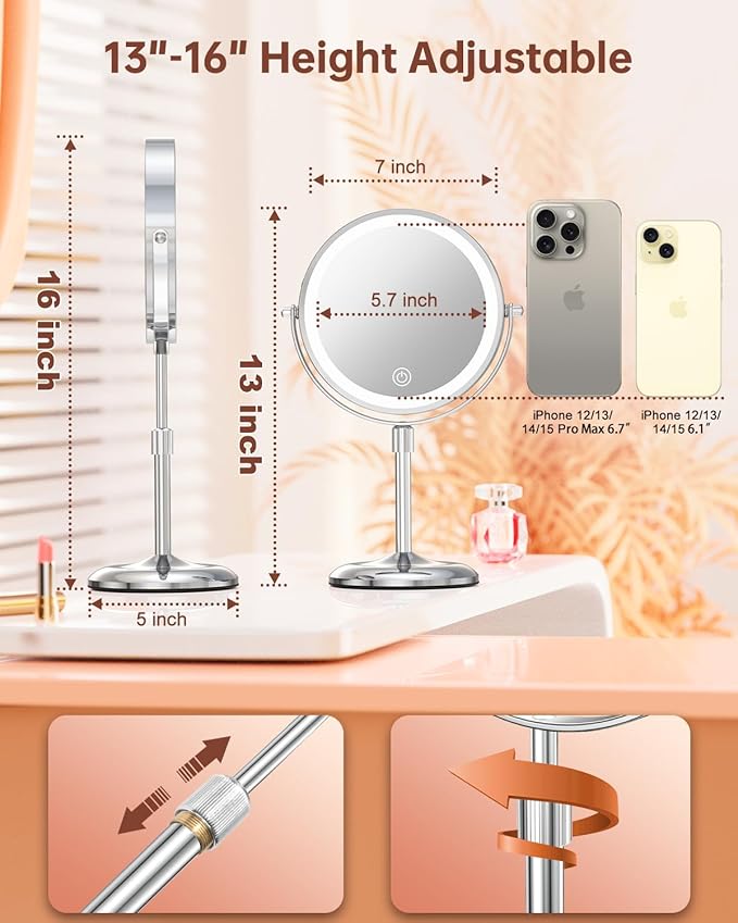 Benbilry Lighted Makeup Mirror with Magnification 10X & 3 Color Lights, Adjustable Brightness & Height, 7 Inch 360° Swivel Rechargeable LED Magnifying Make Up Vanity Mirror with Lighting (Silver)