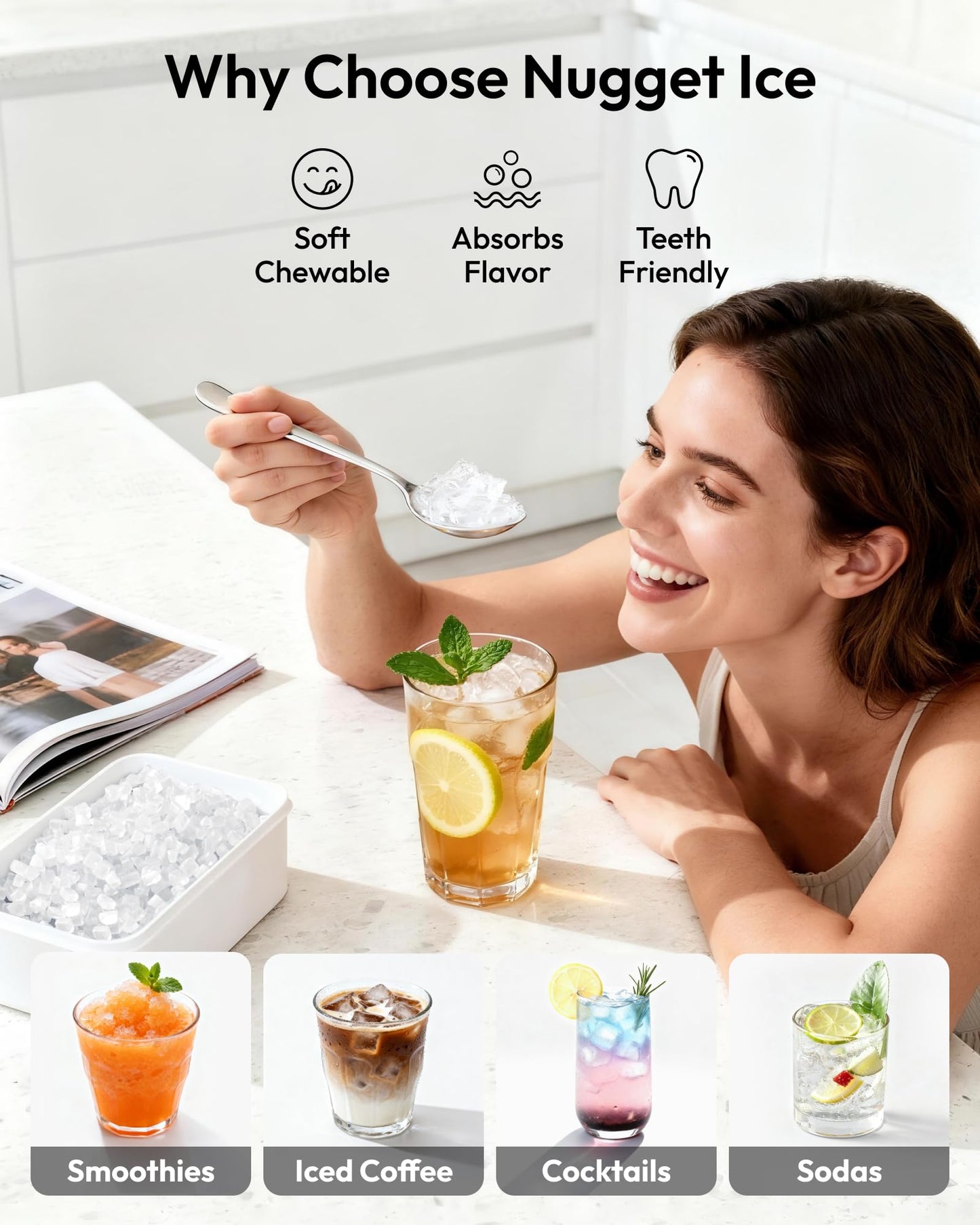 EUHOMY Nugget Ice Maker Countertop with Handle, Ready in 6 Mins, 35lbs Per Day, Removable Top Cover, Auto-Cleaning, Portable Sonic Ice Maker with Basket and Scoop, for Home/Party/RV/Camping