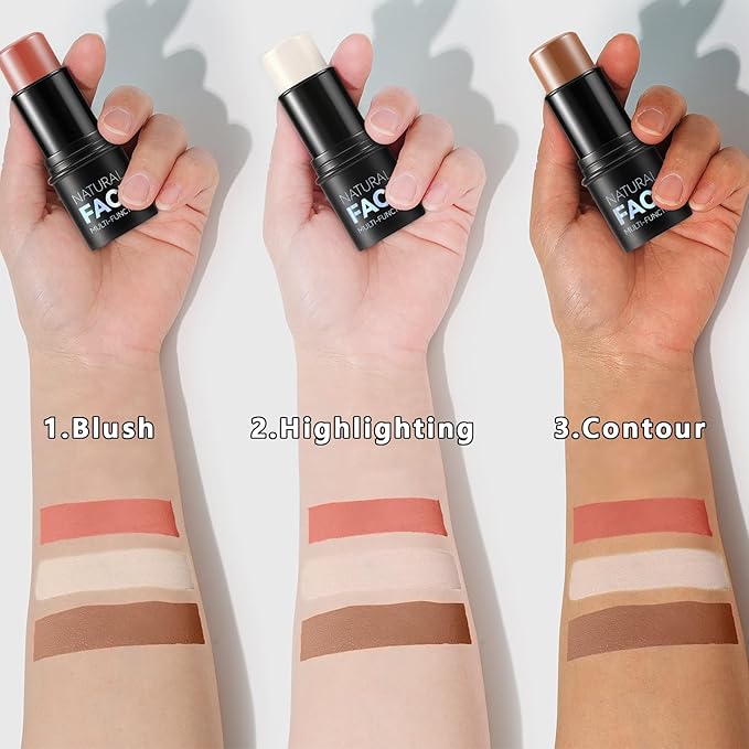 3Pcs Cream Contour Stick Makeup Kit, Shades with Highlighter, Blush and Bronzer Contour Stick for Sculpt the Cheeks, Long Lasting, Waterproof, Matte & Dewy Finish (FAIR(7+9+11))