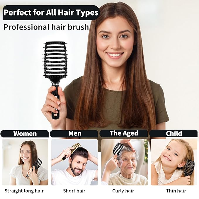 Boar Bristle Hair Brush 2 Pack, HIPPIH Wet & Dry No Pull Curved Vented Hair Brush, Styling Magical Detangler Brush for Kids & Men, Hairbrush for Women Can Adds Shine & Smooth Curly Thick Hair