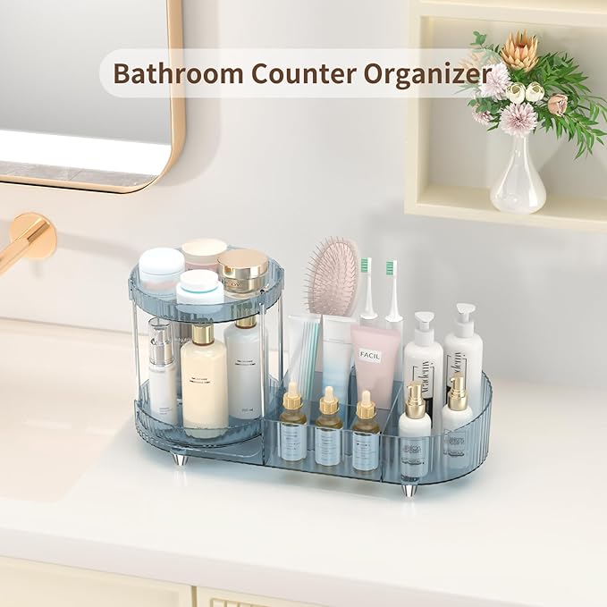 Rotating Makeup Organizer for Vanity, 2 Perfume Trays with 5 Compartments Cosmetic & Skincare Storage, Space-Saving Beauty Organizer, Multi-Purpose Countertop Organizers for Bathroom, Desktop, Pantry