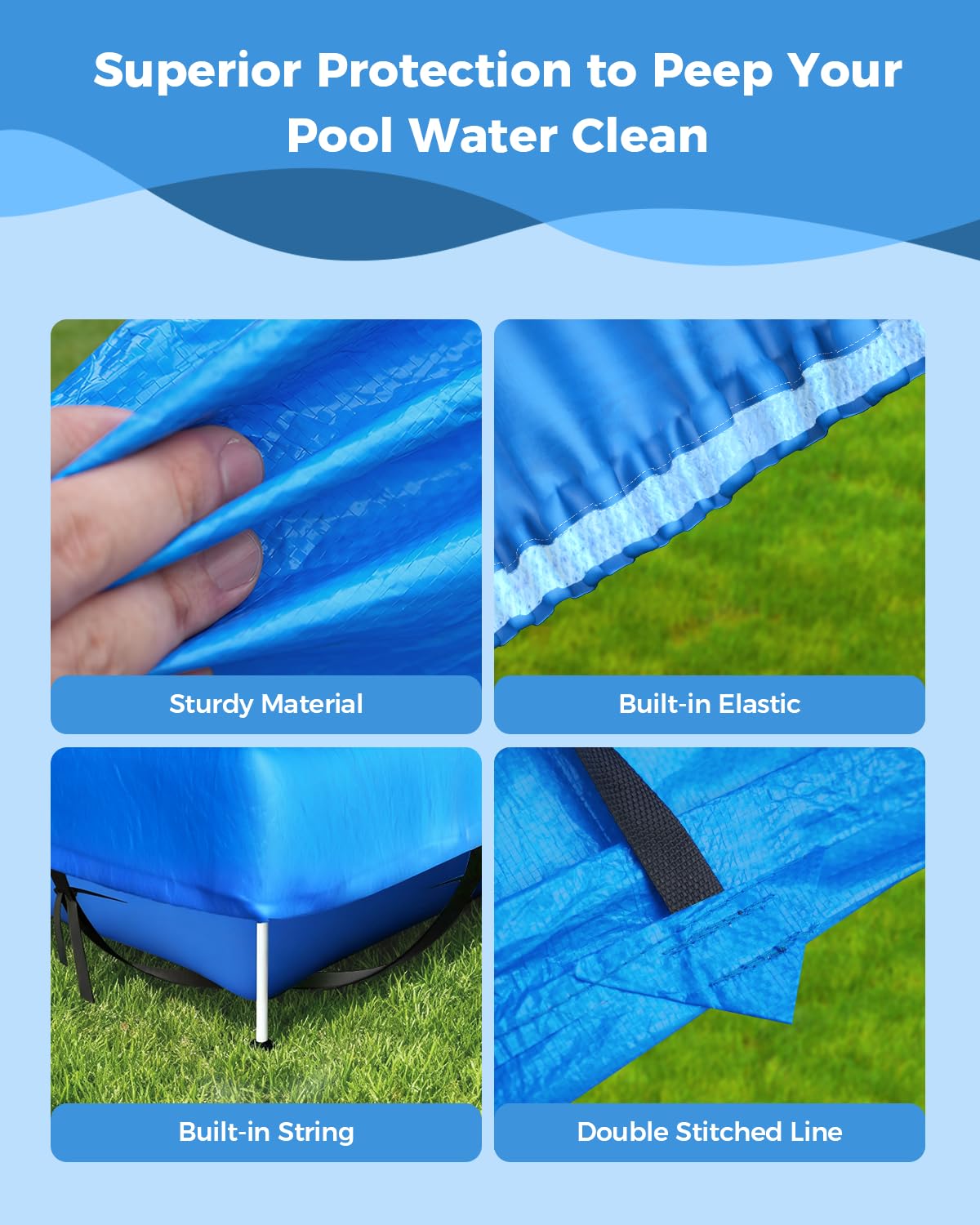 Reinmoson Rectangle Pool Covers for Above Ground Pools Fits 12’ x 7’ to 15’ x 8’ Pools, Rectangular Inflatable Pool Cover with Elastic Edge & Integrated Drawstring for Bestway/Intex/Coleman Pool