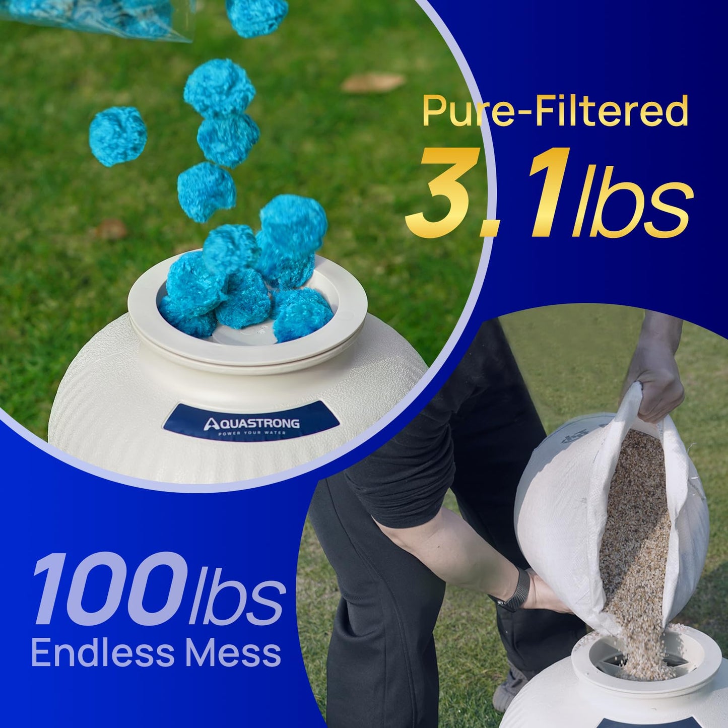 AQUASTRONG Pool Filter Balls for Sand Filter Pump, 3.1 lbs Reusable Sand Filter Balls (Replaces 100 lbs Pool Filter Sand), Efficient Blue Filter Balls for Swimming Pools, Filter Pumps, Aquariums