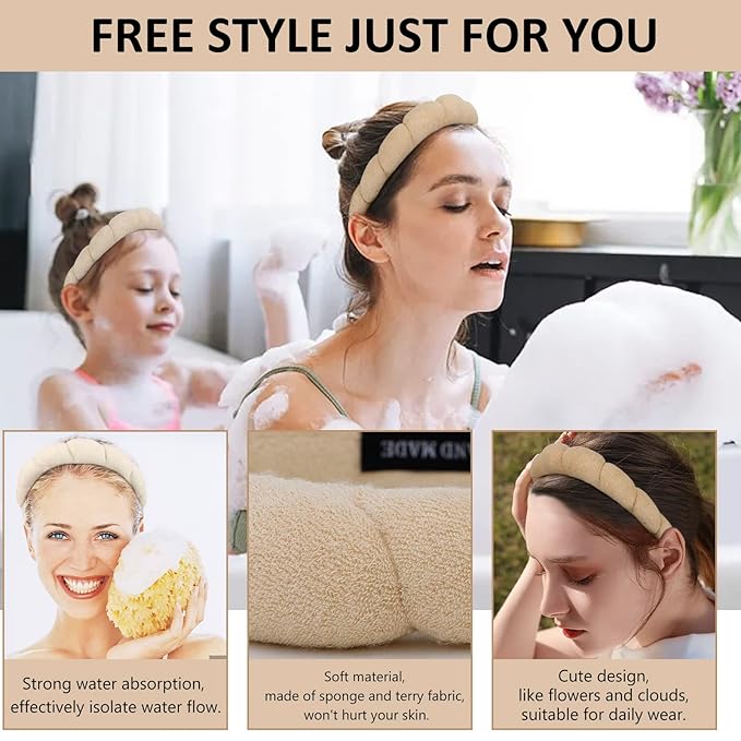 AMCAMI 2 PCS Puffy Spa Headband for Women Sponge Headbands for Girls Terry Towel Cloth Fabric Head Band for Skincare, Makeup Removal(Beige&Light coffee)