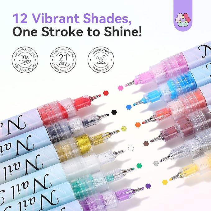 SAVILAND Nail Art Pens Set: 12 Colors 0.5MM Quick-Drying 3D Nail Polish Pens Ultra-Fine Tip Paint Markers for Precise Dotting, Liner & Detailing Design for Beginners, DIY Home Salon Manicure Supplies