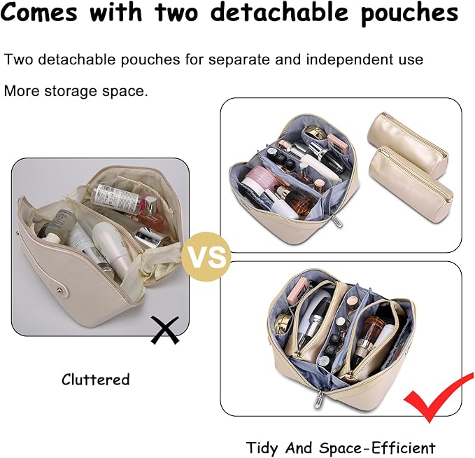 BOYATU Travel Makeup Bag Organizer Cosmetic Bag: 3 Pcs Set Make up Bags for Women with Handle - Waterproof Vegan Leather Toiletry Bags Travel Essentials Pouch with Compartments (C-07-Gold)