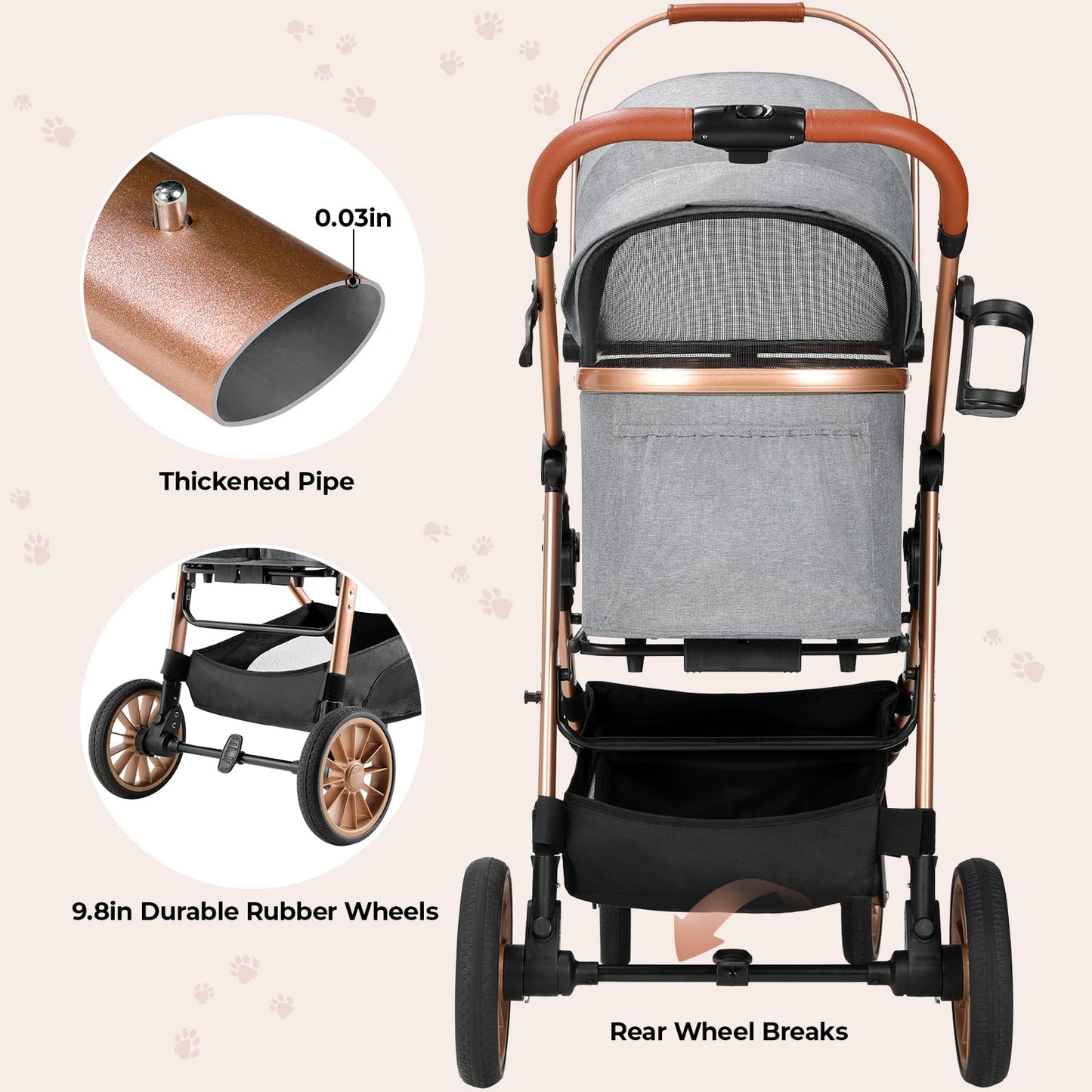 MAMIZO Pet Stroller for Medium Dogs Cats Up to 44 lbs, All-Terrain 3-in-1 Dog Stroller with Detachable Carrier, Rubber Wheels, One-Click Folding, Storage Basket & Cup Holder, for Senior Dogs & Cats