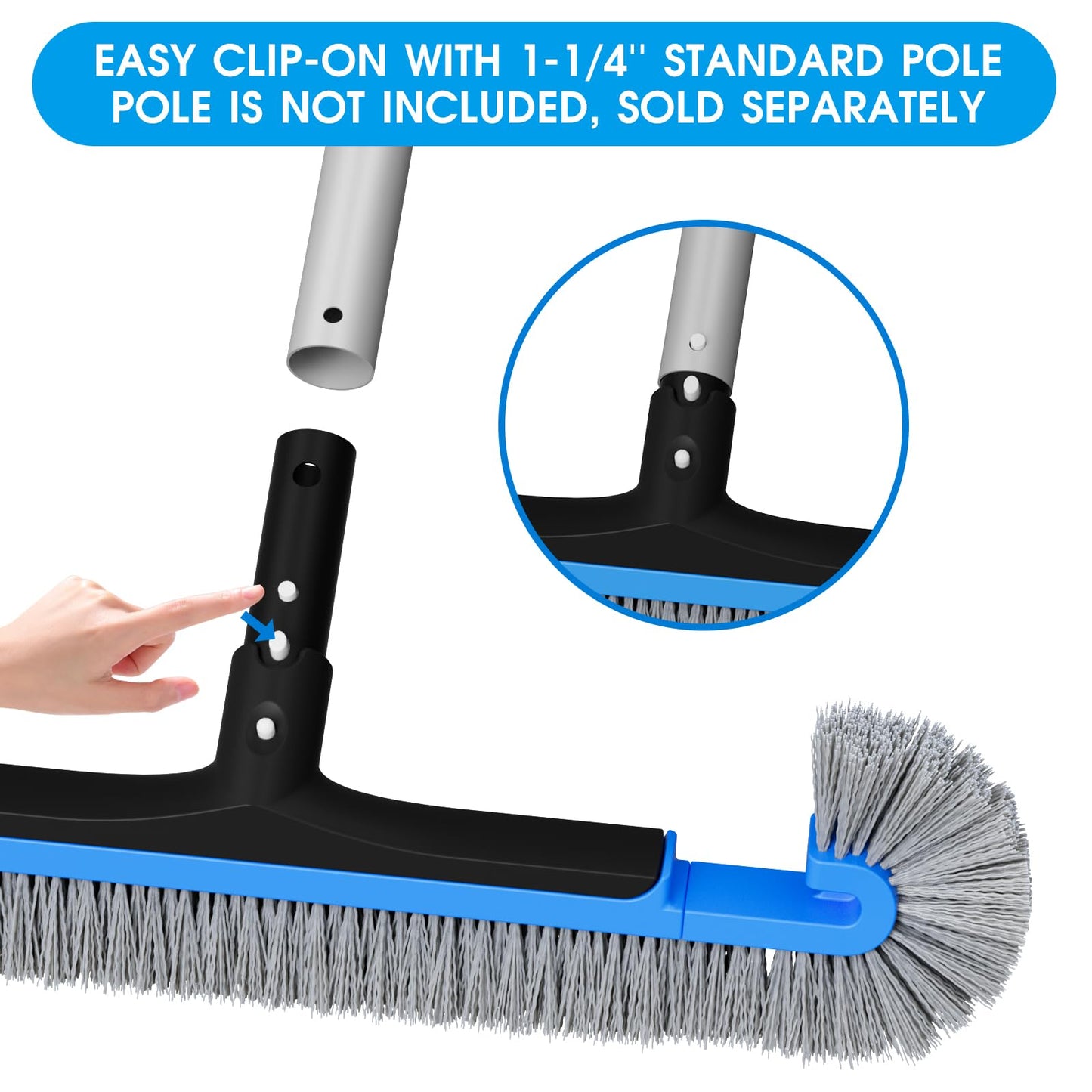 TidyMister 20'' Pool Brush Head for Cleaning Pool Walls, Curved Side Brush for Hard-to-Reach Corners, with Wavy Nylon Bristles, Fit with 1-1/4'' Standard Pole(not Included)