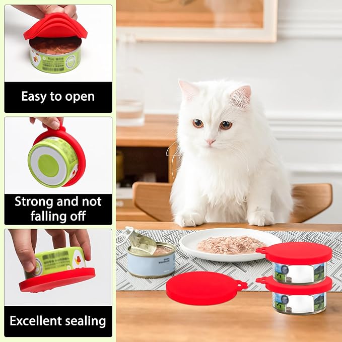 PINE & LINEN 4 Pcs Durable Pet Can Lids,One fit 3 Standard Size Silicone Waterproof Cat Food Cans Lids for 3oz/5.5oz/12.5oz/13.2oz Cat Food Cans（Red）