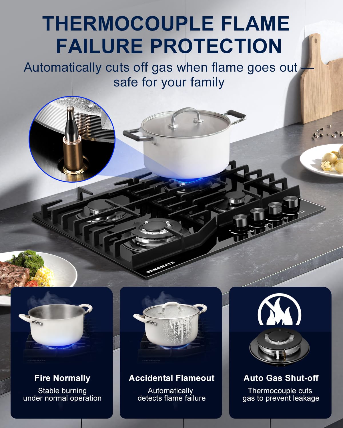 SENGMATE 24 Inch Gas Cooktop, 4 Burner Gas Stove Top, Built-In or Countertop Design, Black Tempered Glass, NG/LPG Convertible, Flame Failure Protection, Ideal for Home Kitchens, RVs & Compact Spaces