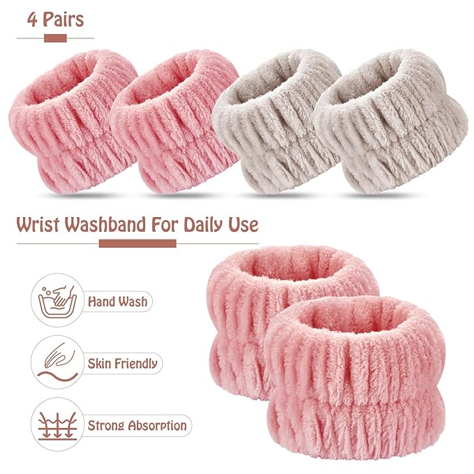 Wrist Bands for Washing Face, 4pcs Spa Face Washing Wristbands, Microfiber Arm Wrist Towels, Absorbent Wash Wristbands for Woman Men, Prevent Water from Spilling Down Your Arms