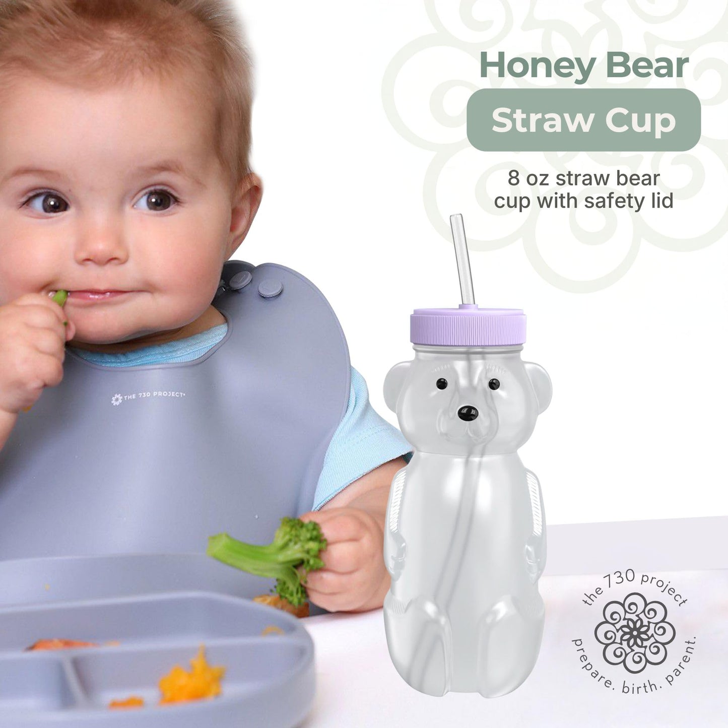 The 730 Project Honey Bear Straw Cup for Babies, 8-oz Honey Bear Cup with Lid, 3-Pack Therapy Learning Honeybear Straw, Baby Bottle Set, Unicorn PURPLE