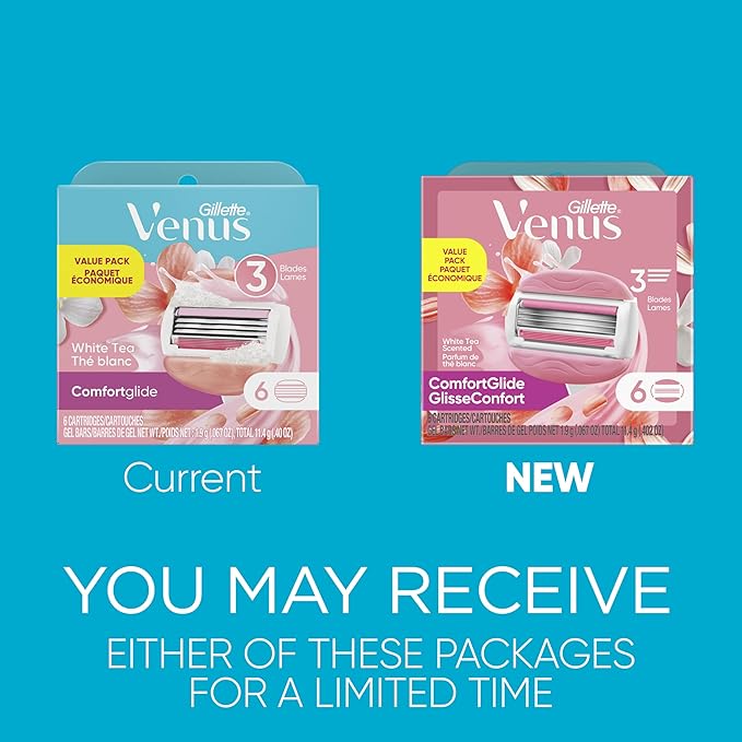 Gillette Venus ComfortGlide White Tea Women's Razor Blades,3-Blade Razor Refills,Holiday Gifts for Women,6 Count (Pack of 2)