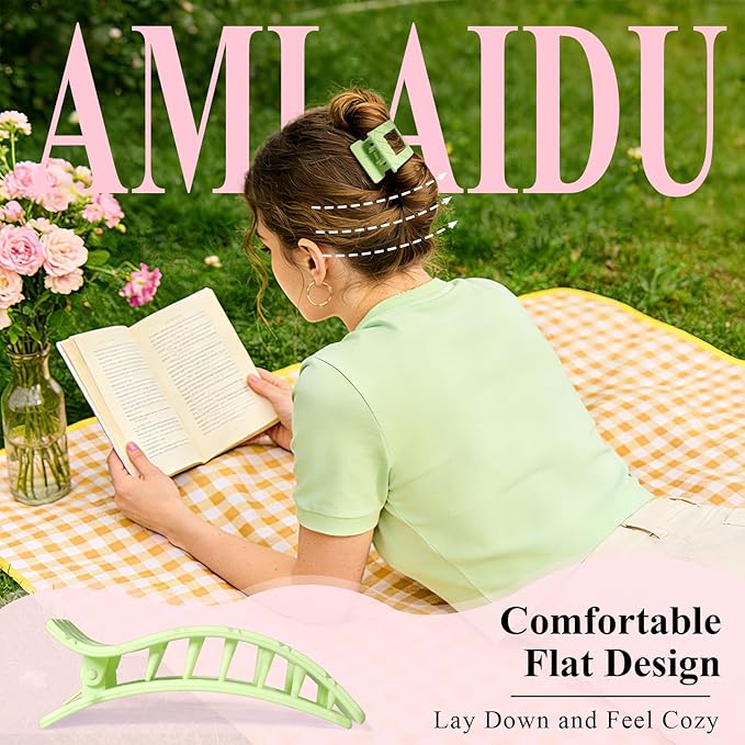 Large Flat Hair Claw Clips for Women for Thin Thick Hair, Stylish Strong Hold Non Slip Square Hair Clips, Cozy French Lay Down Hairclips, Green, Purple, Blue, Gardenia, 4 Pcs