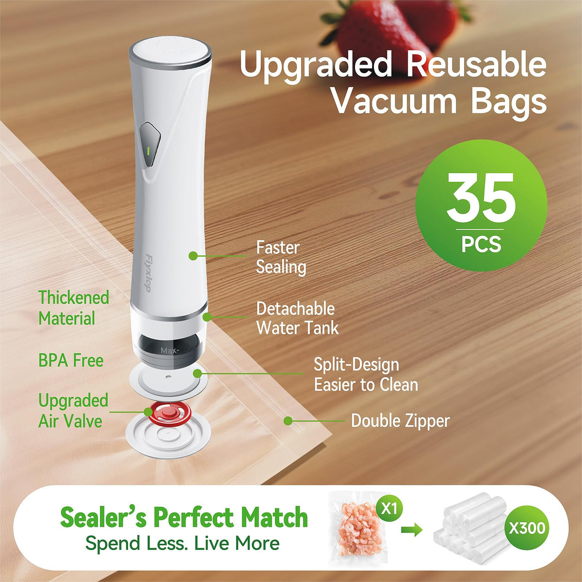 Fiyxlop Vacuum Sealer for Food, Premium Handheld Vacuum Sealer + 35 Reusable Vacuum Bags, Powerful Vacuum Food Sealer for Kitchen, Home, BBQ, Travel, Gifts, Seal Food 6X Fresh Longer
