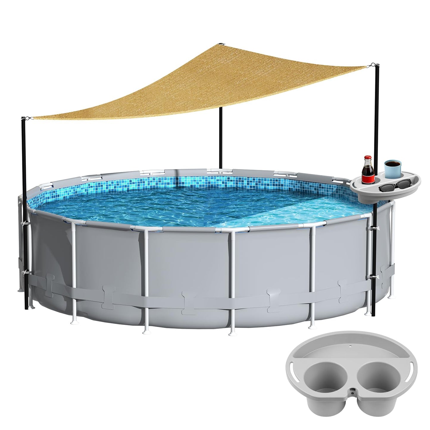 Calanofin Above Ground Pool Shade Set with Storage Tray – UV-Resistant Shade Sail for 15-22 Ft Pools, Outdoor Triangular Canopy with Sun Shade Poles for Deck, Backyard & Pool Essentials (13x13x13 Ft)