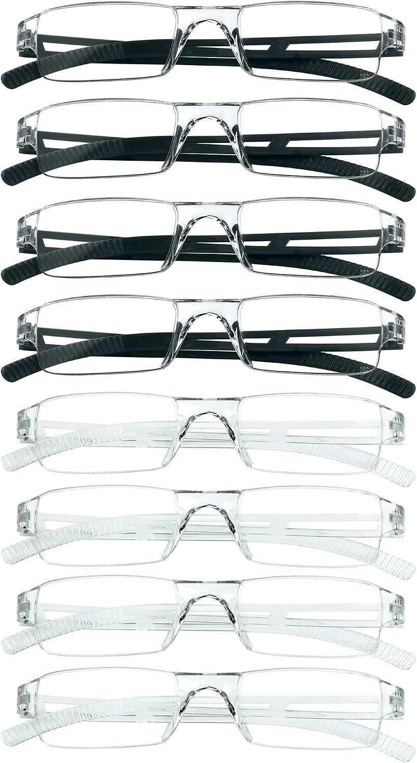 VisionGlobal 8 Pairs Reading Glasses, Blue Light Blocking Glasses, Computer Reading Glasses for Women and Men, Fashion Square Eyewear Frame (4black+4clear,+2.00 Magnification)
