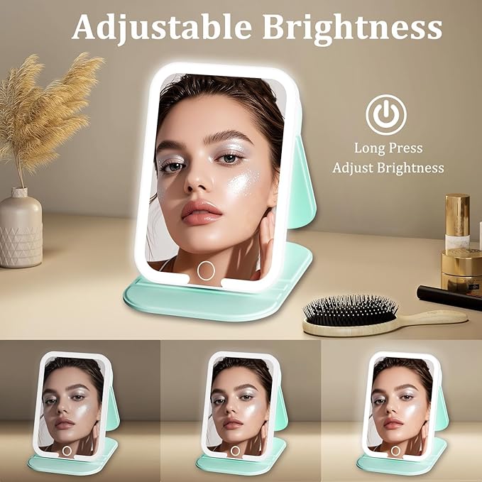 Rechargeable Travel Mirror with Light, LED Makeup Mirror with Lights, Portable Vanity Mirror with 3 Color Lighting, Touch Dimmable Lighted Cosmetic Mirror, Travel Essentials (Light Green)