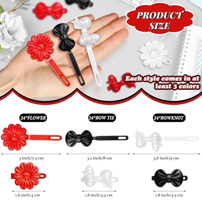Janinka 72 Pieces Self-Hinged Plastic Barrettes - 80s/90s Retro Cartoon Hairpins in Colorful Designs for Toddlers (Black, White, Red, Classic)