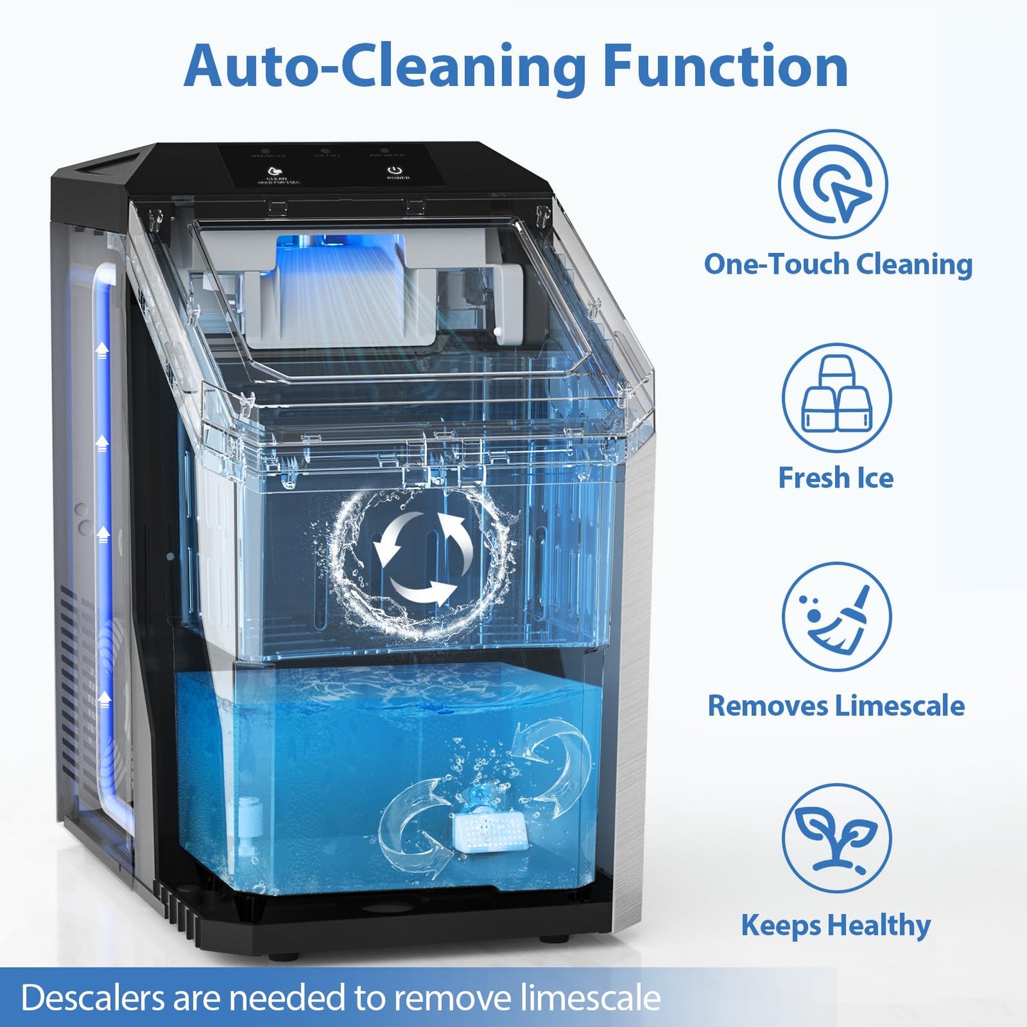Aeitto Nugget Ice Maker Countertop, 55lbs/Day, Large Capacity Chewable Ice Maker, Rapid Ice Release in 5 Mins, Self-Cleaning with Stainless Steel Housing Ice Machine for Home Office and Party, Silver