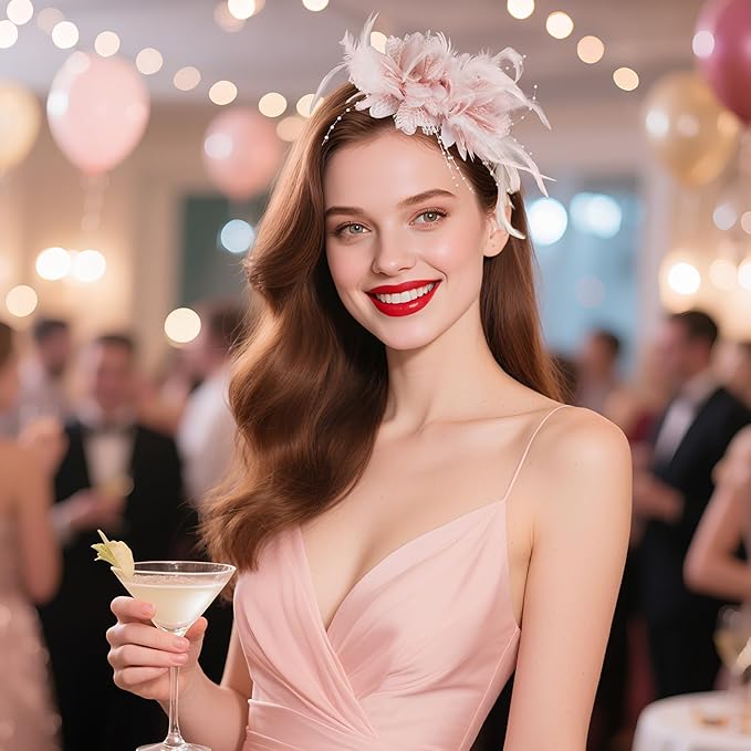 Womens Fascinators Hats Tea Party Hats for Women, Feather Pearl Veil Headband for Wedding Cocktail Dresses Accessories