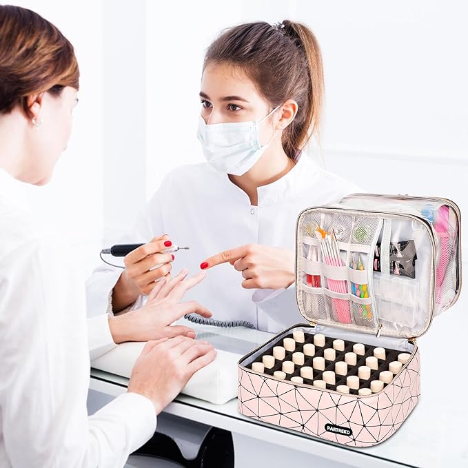 Clear Nail Polish Organizer Holds 60 Bottles (15ml/0.5fl.oz)& Nail Lamp, Double Layer Nail Supplies Organizer Case Transparent, PU Leather Nail kit Storage Bag for Manicure Tools (Pink)