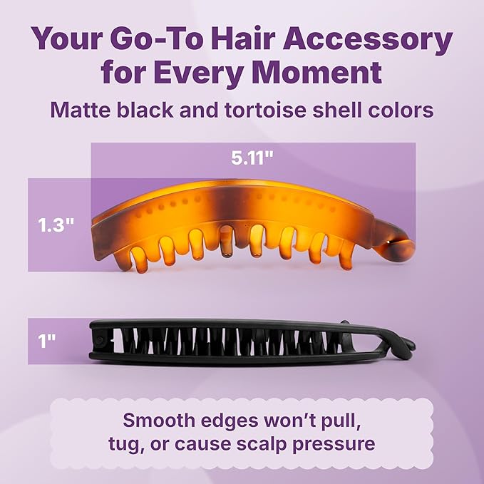 Goody Large Banana Clip Set, Stylish, Secure No Crease Hair Clips with SlideProof Hold, Styling Accessories For All Hair Types, Gifts for Women & Girls, Black and Tortoiseshell, 2 Ct