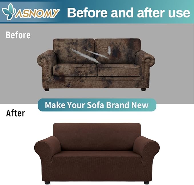 Asnomy Sofa Covers for 2 Cushion Couch Stretch loveseat Covers Slipcovers, Pet Protector Furniture Covers for Dogs Cats Spandex Jacquard Fabric Small Checks （Medium，Chocolate）
