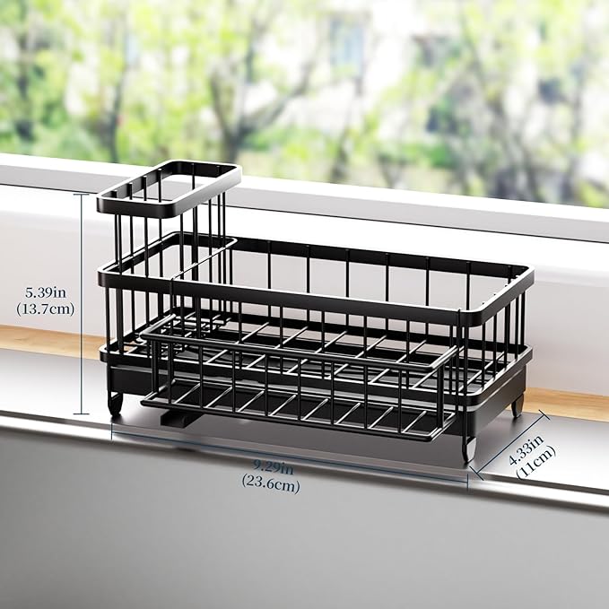 Consuemst Sponge Holder for Kitchen Sink - Auto Draining Sink Caddy Organizer with Detachable Rack, High Brush Holder, Kitchen Countertop Storage Accessories, Black