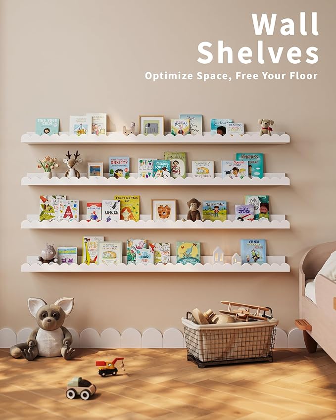 Shario Nursery Book Shelves, 4-Pack White Floating Shelves for Wall Kids, Scalloped Shelves, Wall Book Shelves for Bedroom Kids, Toddler Room, Baby Room, Nursery Decor (White, 47.2 Inches)