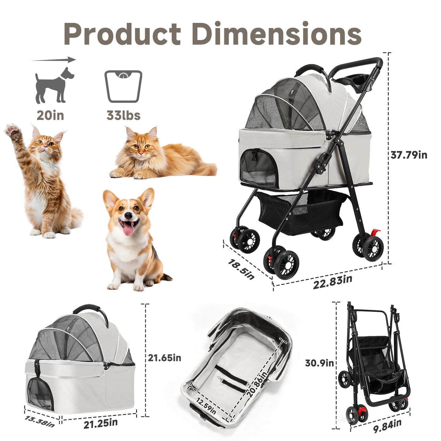 AODI Pet Stroller for Small Dogs and Cats with 4 Wheels, 3 in 1 Foldable Dog Stroller with Detachable Carrier, Breathable Mesh, Storage Basket & Cup Holder, Up to 33 lbs