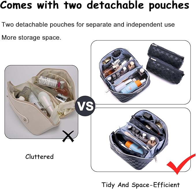 BOYATU Travel Makeup Bag Organizer Cosmetic Bag: 3 Pcs Set Make up Bags for Women with Handle - Waterproof Vegan Leather Toiletry Bags Travel Essentials Pouch with Compartments (03-A-Dark Blue)