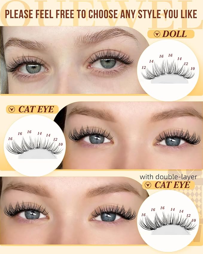QUEWEL Lash-Clusters Kit 300PCS C Curl Wispy-Eyelash Clusters Lashes-Natural Look Cluster Lashes Extensions Kit with Lash Bond and Seal and Tweezers Natural Eyelash Clusters Use at Home (JS01-KIT)
