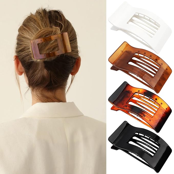 Velscrun Flat Hair Clips for Women Girls, Matte Lay Flat Claw Clips, Strong Hold Large Side Hair Clip All Hair Types, French Duck Billed Hair Jaw Claw Clip, Non Slip Grip for Daily Styling Amber