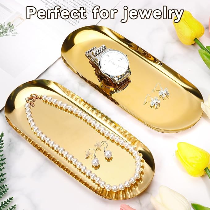2PACK Gold Decorative Tray,Oval Stainless Steel Trays, Decorative Tray for Jewelry Dish Cosmetics Organizer Bathroom Clutter Serving Platter (Gold, 9 in)