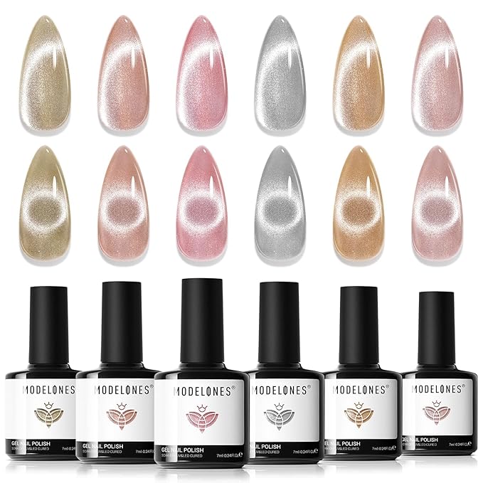 modelones Cat Eye Gel Nail Polish Set, Holographic Glitter 6 Colors with Magnet Sparkle Galaxy Series Nude Pink Gel Polish Soak Off Led Gel Polish Kit Nail Art Gel Manicure Salon DIY Gifts
