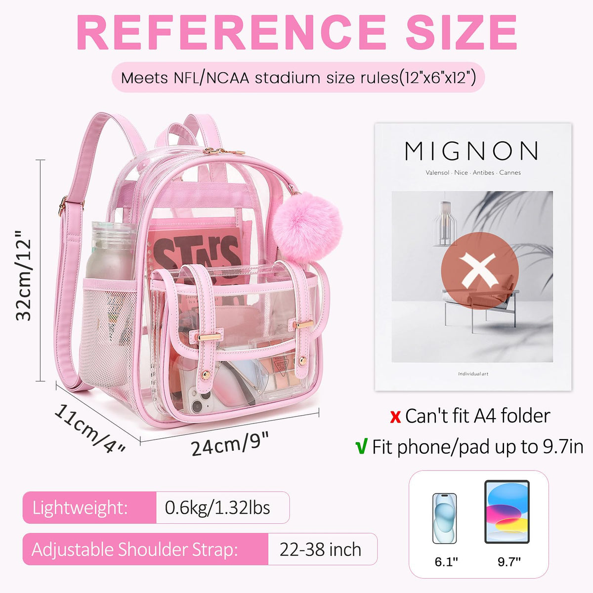 Clear Backpack for Stadium Events, 12x 12x 6 Small Transparent Backpack PVC Mini See Through Bag for Women Girls for Concert Festival, Pink