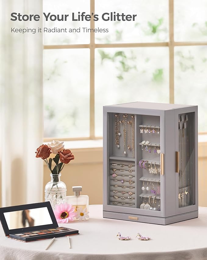 Glimmloop 360ÃÂ° Rotating Jewelry Box with 7 Drawers, Spacious Vertical Jewelry Organizer with Glass Window, Jewelry Storage Case, Dustproof & Moisture-resistant Design, Grey