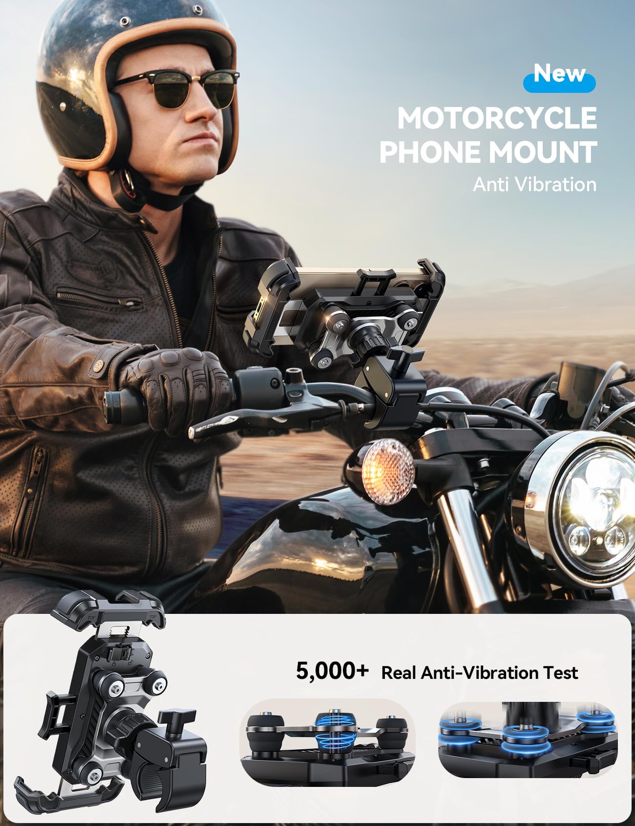 JOYROOM Motorcycle Phone Mount Holder - [Dual Vibration Dampener] 150mph Anti-Shock Phone Holder for Motorcycle [Upgrade Metal Handlebar Clamp] - Bicycle Bike Phone Holder Mount for 4.7-7" Cell Phones