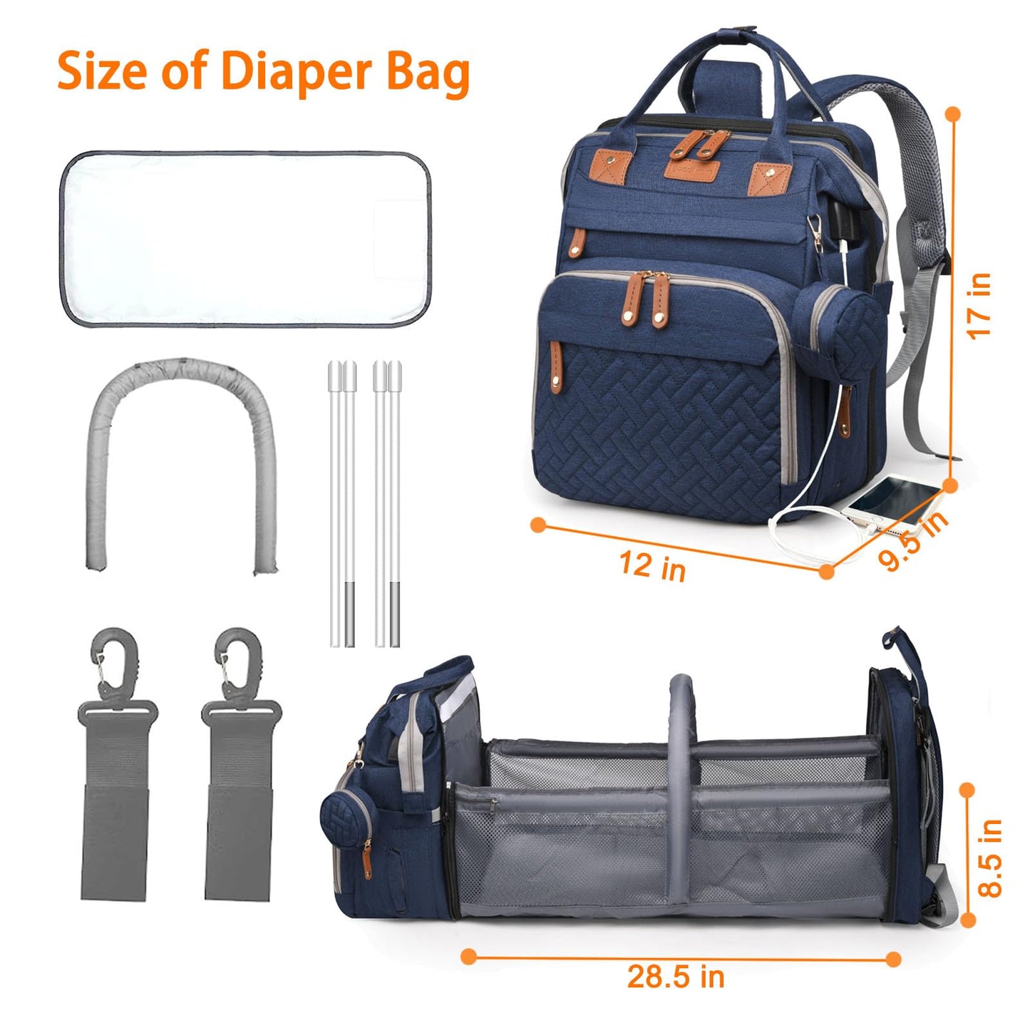 Astro alan Baby Diaper Bags with Changing Station, Waterproof Diaper Bag Backpack for Moms Dads with USB Charging Port, Baby Shower Gifts, Large Capacity diaper backpack, Blue