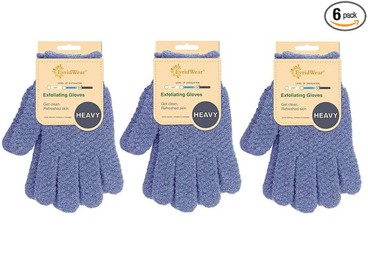 Evridwear Exfoliating Dual Texture Bath Gloves for Shower, Spa, Massage and Body Scrubs, Dead Skin Cell Remover, Gloves with Hanging Loop (3 Pairs Heavy)