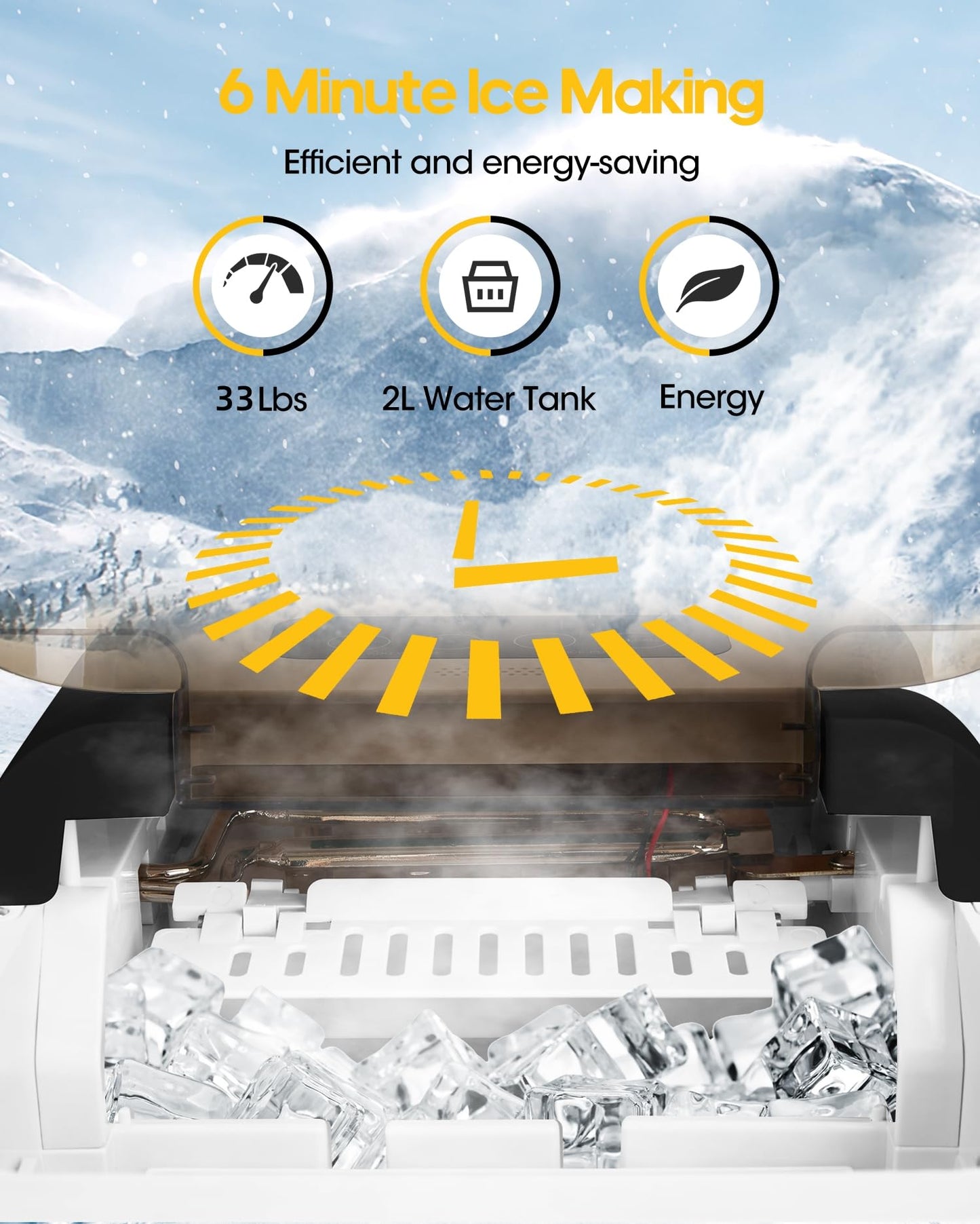 Ice Maker Countertop, 9 Cubes in 6 Mins, 33 lbs per Day, Portable Bullet Ice Machine, Self-Cleaning Ice Makers with Basket and Scoop, Ideal for Home, Kitchen, Camping, RV