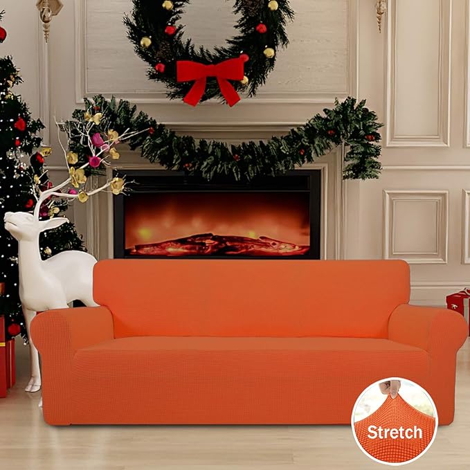 Easy-Going Stretch Oversized Sofa Slipcover 1-Piece Sofa Cover Furniture Protector Couch Soft with Elastic Bottom for Kids, Polyester Spandex Jacquard Fabric Small Checks Orange