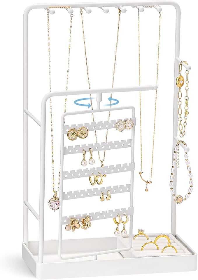 ProCase Jewelry Stand Holder Organizer, Jewelry Display Storage with Ring Tray, No-Assembly Needed, Rotating Earring Bracelet Necklace Holder, Christmas Gifts Room Dorm Decor for Teen Girls -White