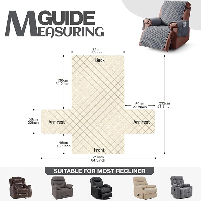 KinCam 100% Waterproof Recliner Chair Cover, Reclining Couch Covers for Pets, Dogs, Recliner Couch Slipcover Furniture Protector with Elastic Straps for Kids(30", Dark Gray)