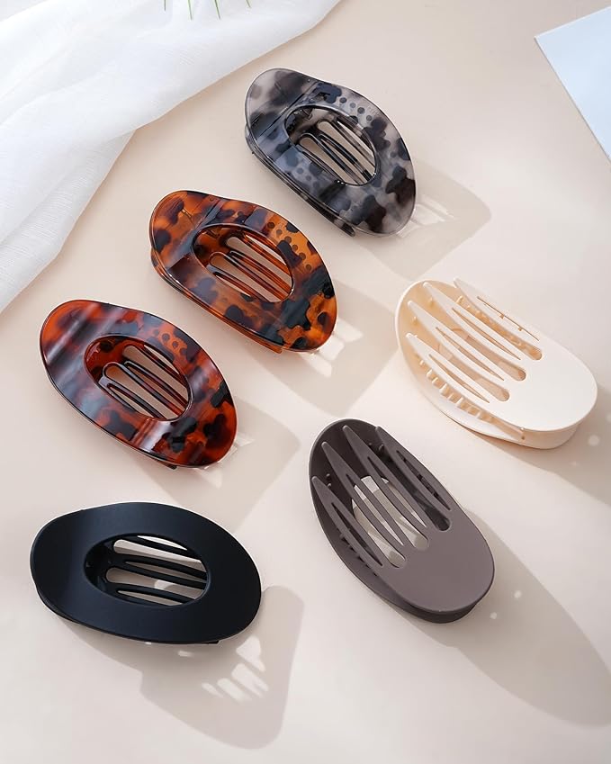 Mesovor 6 Pack Flat Hair Claw Clips, 4.33" Nonslip Large Round Lay Flat Hair Clips | Strong Hold French Flat Hairclips for Lying Down, Yoga, Driving (Tortoise Colorful)