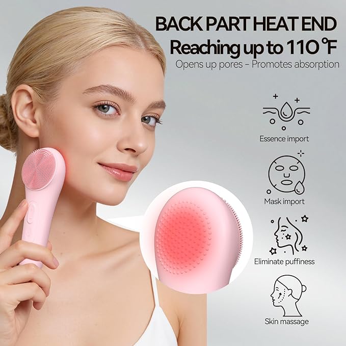 Rechargeable Silicone Facial Cleansing Brush for Women & Men - 5 Modes Waterproof Face Scrubber with Heat Massage, Deep Cleansing & Exfoliating Electric Face Brush (Pink)