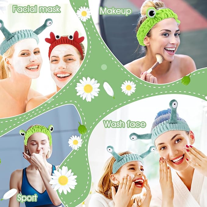 3 Pack Spa Headband Face Wash Hairband Facial Makeup Head Wraps Cartoon Elastic Head Band Cute Frog Snail Crab Shower Headband Creative Hair Accessories for Beauty Skincare Sports